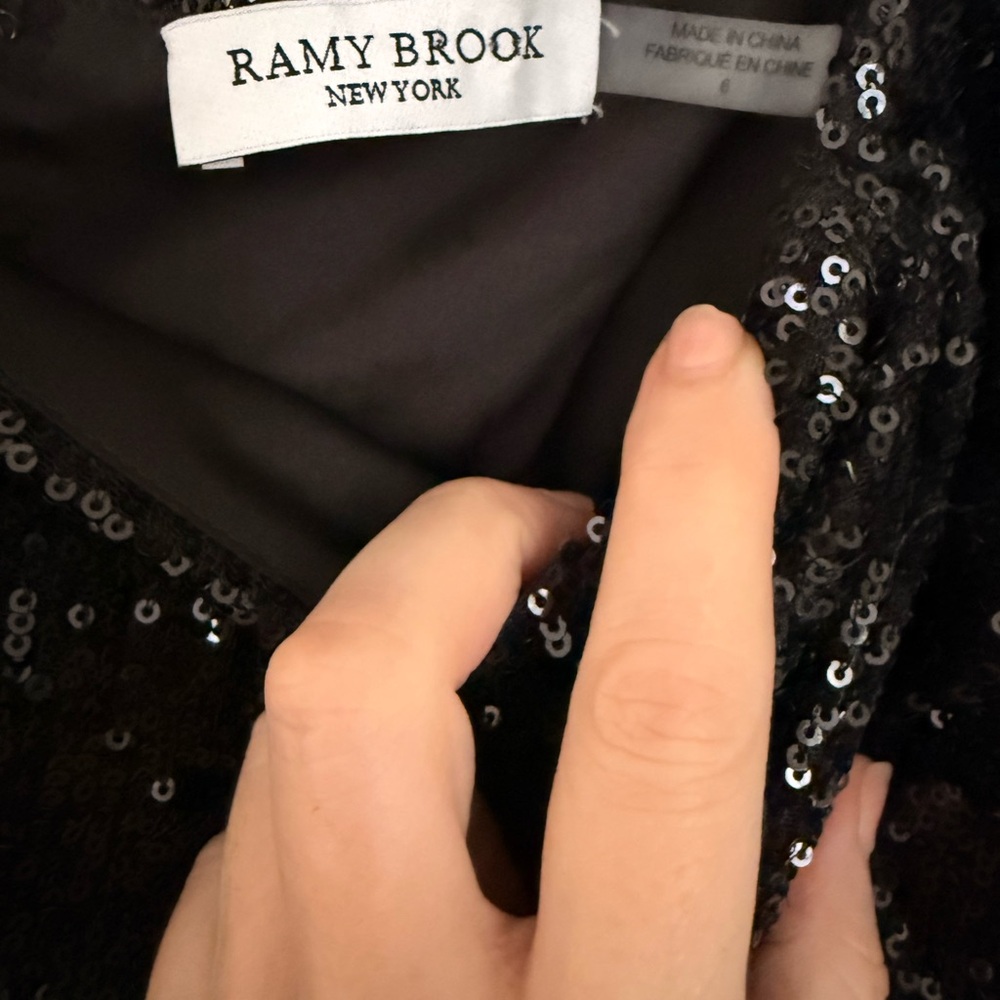 Ramy Brook Sky Top Black Sequin Puff-Sleeve Square-Neck blouse Size 6 - Picture 8 of 9